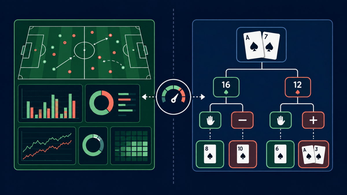 Tableau d’analyse sportive et table de blackjack séparant statistiques, règles et tirage aléatoire.