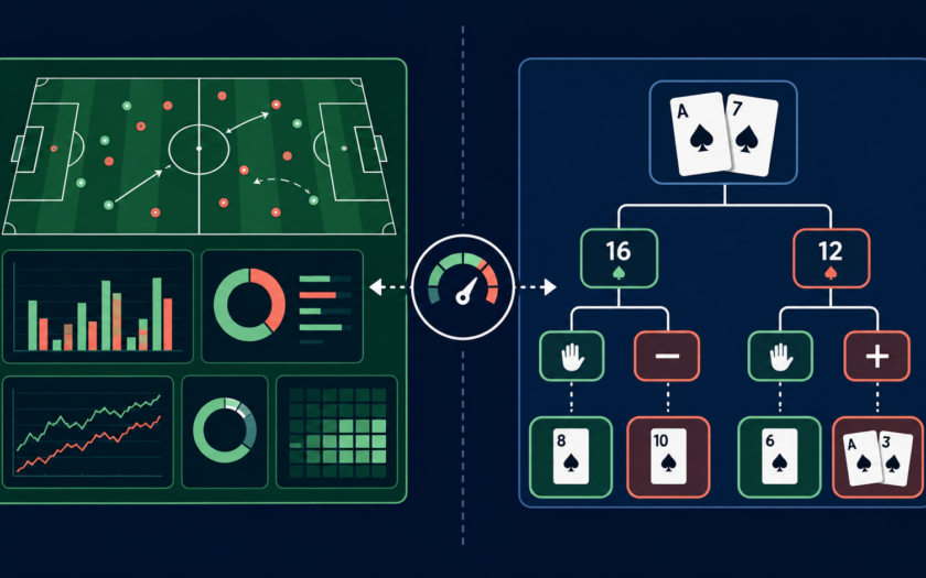 Tableau d’analyse sportive et table de blackjack séparant statistiques, règles et tirage aléatoire.
